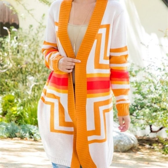 Boho Geo Print open front long sleeve cardigan - Picture 3 of 6